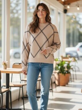 T TAHARI Stylish Beige Sweater with Black Accents XL